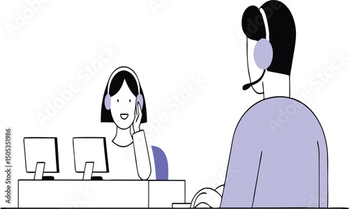 Vector illustration of a woman in a black dress sitting at a table with a computer in an office, her hair styled, reflecting in a mirror