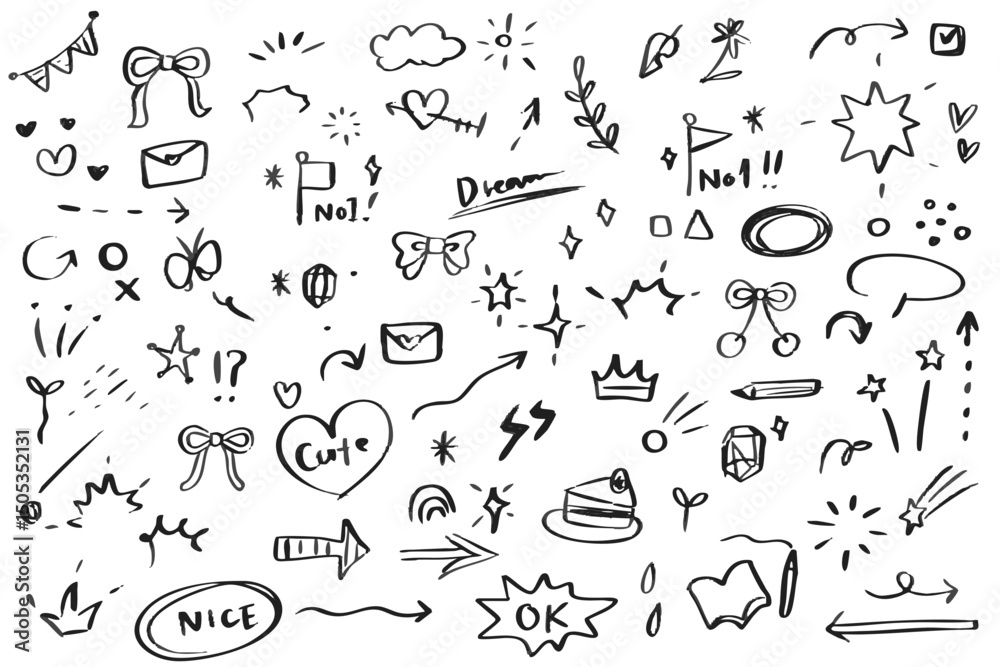 Obraz premium Doodle element, sketch icon, and hand drawn symbol collection featuring hearts, speech bubble, cloud, crown, star, lightning, arrow, pizza, and rainbow. Perfect for comics, design, or decoration proje