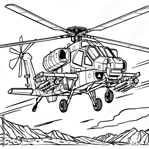 Armed Military Helicopter Hovering in the Sky Coloring Page