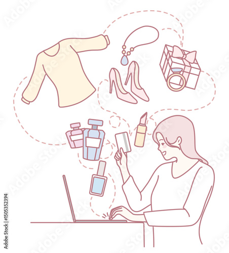 A woman is shopping online, surrounded by various fashion items, trendy clothing, and stylish cosmetics
