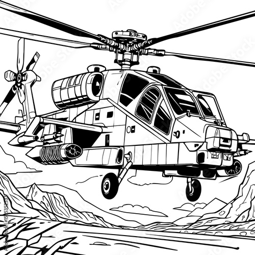 Realistic Military Helicopter Flying Over Rugged Mountain Terrain