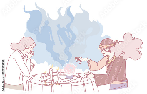 A mystical scene shows a fortune teller reading a crystal ball while her curious client watches intently