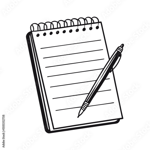 Vector Illustration of a Notepad with Pen – Black and White Line Art