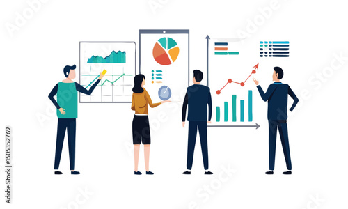 Business team success with marketing graph and international flags concept illustration