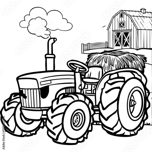 Farm Tractor with Hay and Barn Coloring Page for Kids