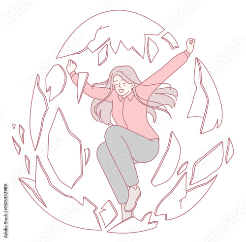 A joyful woman triumphantly breaking through barriers, beautifully symbolizing empowerment and true freedom