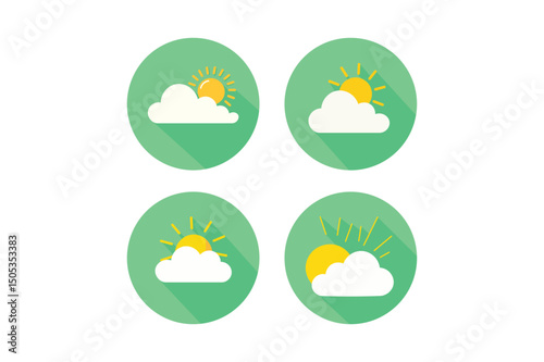 Colorful weather icons featuring clouds and sunshine with green backgrounds for various applications