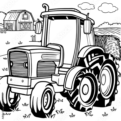 Farm Tractor in the Field Coloring Page for Children