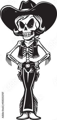 A striking black and white illustration of a skeleton dressed as a cowgirl, complete with a hat and holsters, exuding a bold and edgy Western or Halloween aesthetic
