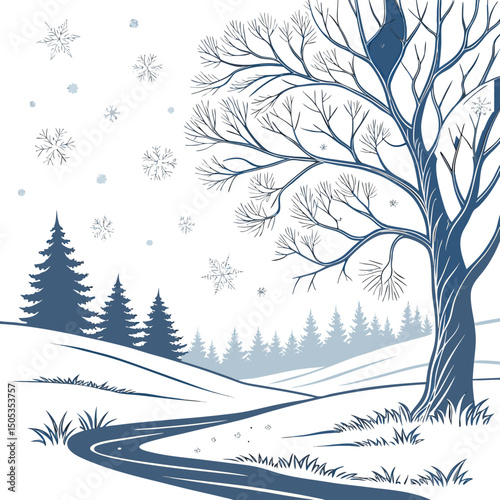 Winter Landscape with Snowflakes, Bare Tree and Pine Forest – Vector Illustration