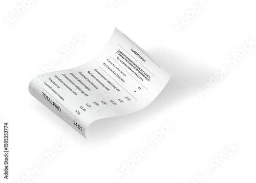 Payment check or receipts with shadow. Curved financial paper, purchase invoice. Buying, bill or calculate pay. Receipt the seller form