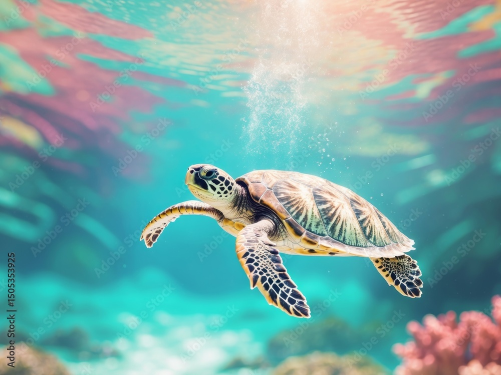 Fototapeta premium Graceful Sea Turtle Swimming in Tropical Waters, a Serene Underwater Scene.