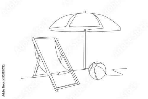Chairs, umbrellas and beach balls. Summer concept one-line drawing
