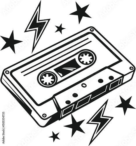 Retro audio cassette tape vector illustration, an old magnetic record label icon symbol of vintage music media