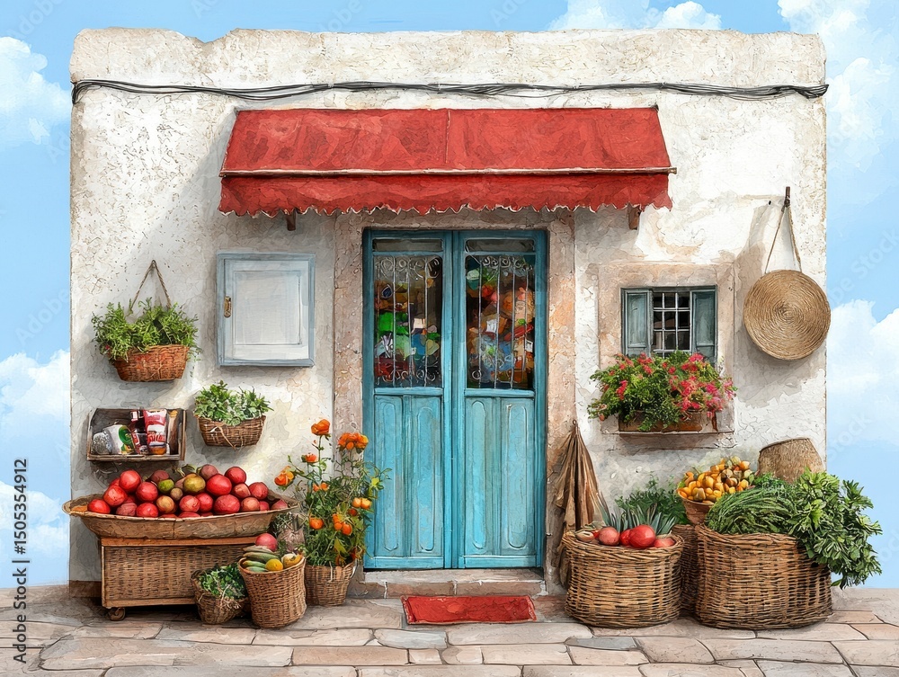 Obraz premium Rustic Mediterranean Storefront with Colorful Flowers and Fresh Produce