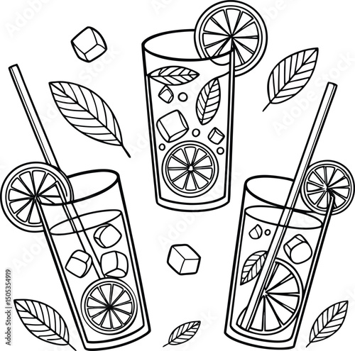 Refreshing set of summer cocktail drinks with lemon and orange fruit illustration