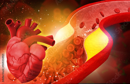 Cholesterol blocked artery with human heart. 3d illustration..