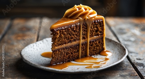 Decadent Caramel Cake Slice on a Rustic Plate A Sweet Treat Dessert Temptation.