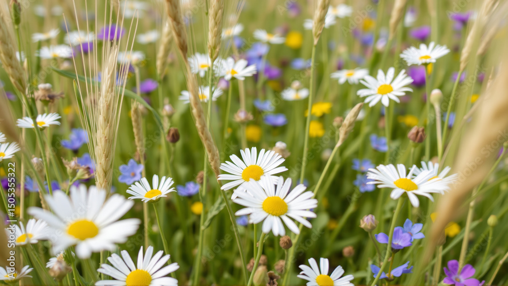 Fototapeta premium A variety of meadow flowers bloom in a summer field