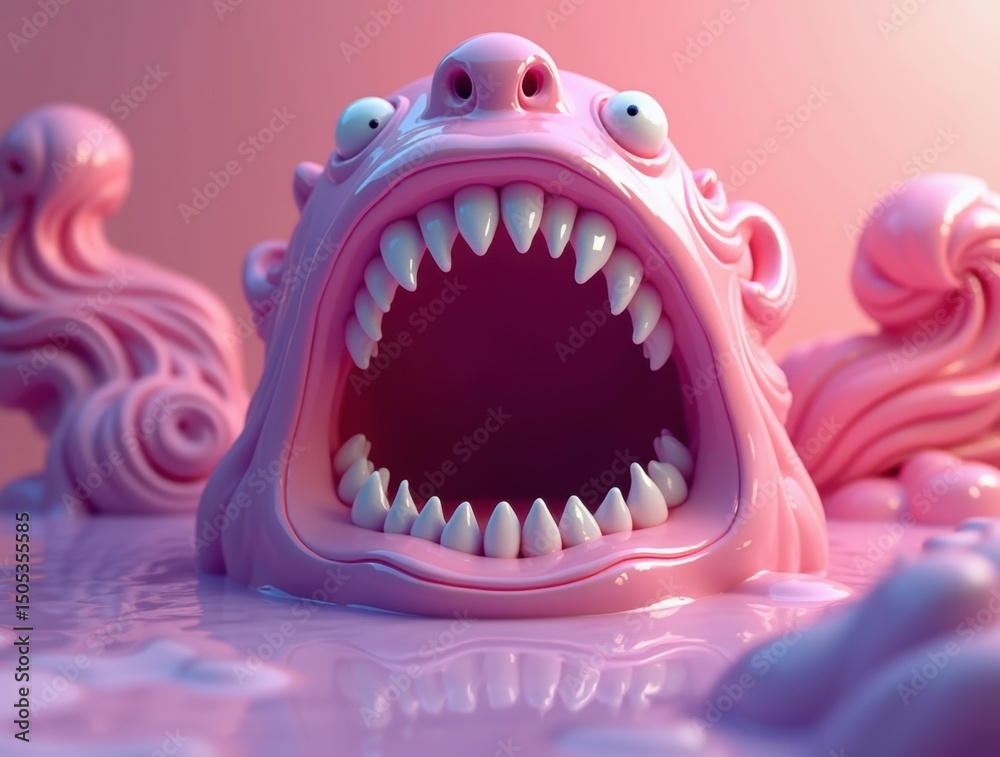 Naklejka premium Monster mouth with geometric teeth in clean pink-purple gradient design