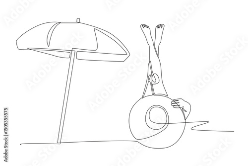 Woman under beach umbrella. Summer concept one-line drawing