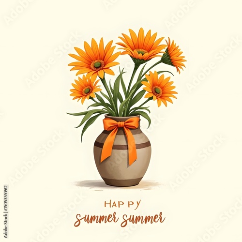 Summer Serenity: Orange Daisies in Rustic Vase with Satin Bow