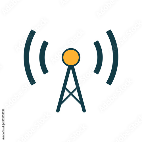 Minimal broadcast tower icon with circular top and transmission lines, symbol of communication network