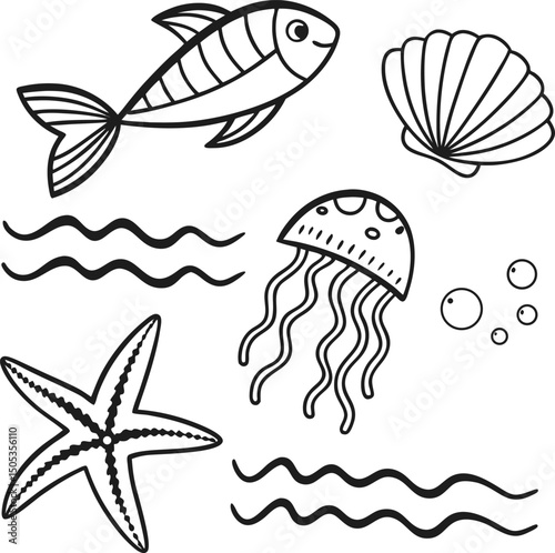 Set of marine animal vector illustrations for seamless ocean life patterns
