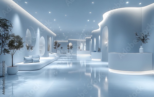 Mockup of modern interior with blue decor and curved walls

 photo