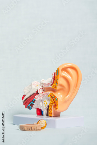 Anatomical model of human ear showing inner ear structure and hearing aid device