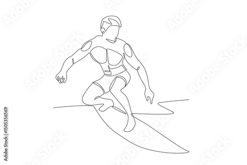 Man surfing on the beach. Summer concept one-line drawing