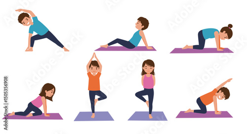 Children Demonstrating Various Yoga Poses on Purple Exercise Mats Smiling