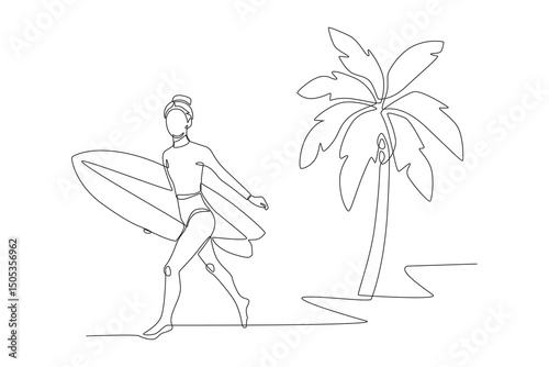 Woman holding surfboard next to coconut tree. Summer concept one-line drawing