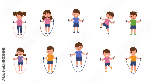 Diverse Children Jumping Rope in Playful Poses