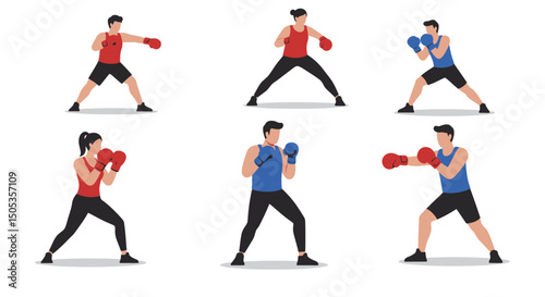Diverse group of boxers in action poses wearing red and blue boxing gloves