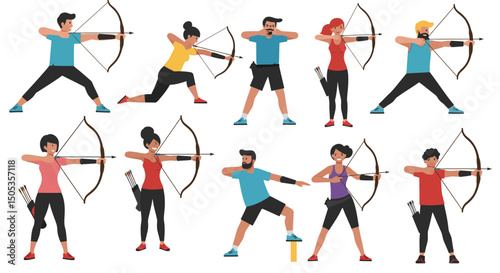 Diverse group of archers in various poses with bows and arrows