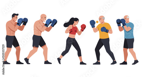 Diverse group of boxers in fighting stances with varying ages and genders