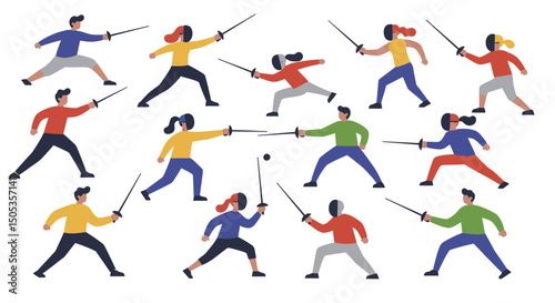 Diverse Group of Fencers Engaged in Dynamic Combat
