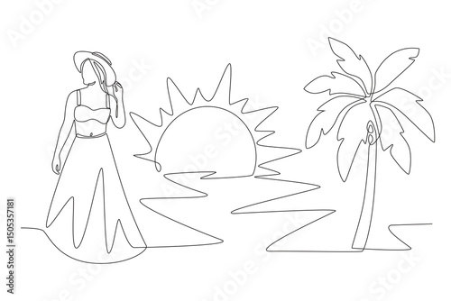 Woman enjoying summer sun on the beach accompanied by coconut trees. Summer concept one-line drawing