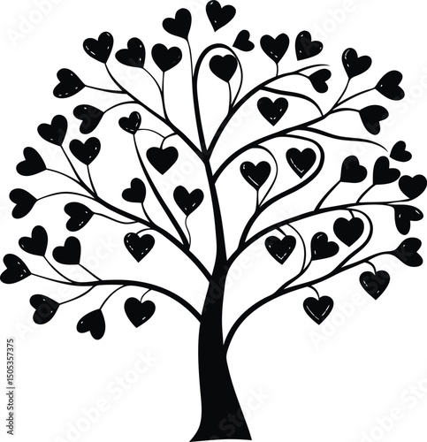Black love tree with heart leaves. hand draw Valentine tree silhouette clip art isolated on white background