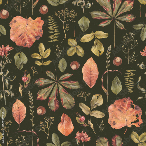 Elegant hand drawn pattern design with illustrations of dried herbs, leaves and flowers. Perfect for home textile, wallpapers, fabrics, apparel, packaging design, stationery and other printed goods