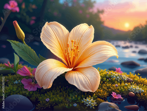a picture of a flower in the middle of a picture of a river