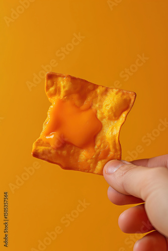 Hand holding cheesy square chip over yellow background. Snack and fast food concept.  
