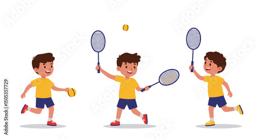 Playful Children Enjoying Badminton Demonstrating Sporty Actions with Rackets and Shuttlecock