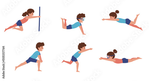 Six Children Demonstrating Diverse Swimming Strokes and Exercises