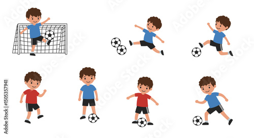 Cartoon boys playing soccer in various poses with soccer balls and goal