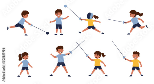 Cartoon Children Engaging in Fencing and Epee Practice with Enthusiasm