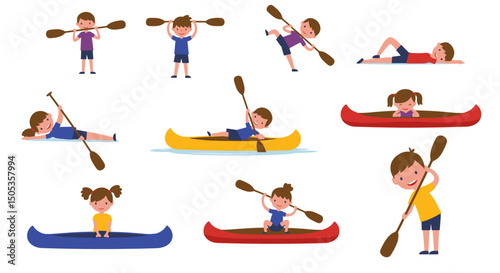 Cartoon Children Engaging in Paddling Activities with Canoes and Oars