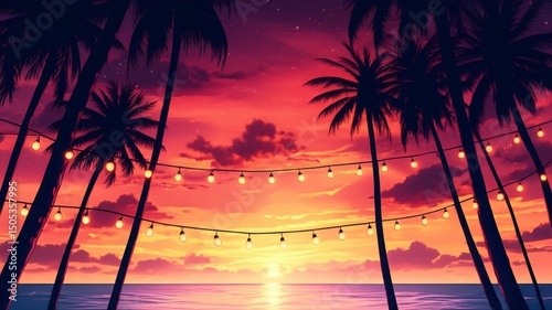 Tropical beach sunset with palm trees and string lights at twilight