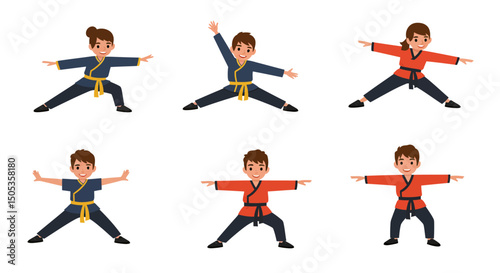Cartoon Martial Artists in Action Poses Wearing Traditional Uniforms